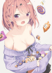 Rule 34 | 1girl, :o, bare shoulders, black ribbon, black skirt, blush, bottle, box, braid, breasts, candy, cleavage, collarbone, commentary request, cookie, copyright request, cowboy shot, embarrassed, food, gift, gift box, halloween, highres, kani biimu, lollipop, long sleeves, medium breasts, miniskirt, no bra, nose blush, off-shoulder sweater, off shoulder, open mouth, pink hair, pleated skirt, purple eyes, purple sweater, ribbon, short hair, side braid, simple background, skirt, solo, sweater, swept bangs, tearing up, tears, white background