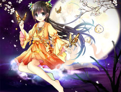 Rule 34 | 1girl, :d, bad id, bad pixiv id, bell, black eyes, black hair, branch, bug, butterfly, character request, copyright request, earrings, flower, full moon, gujian qitan, gyaza, hair ornament, insect, jewelry, long hair, moon, necklace, night, night sky, open mouth, petals, ponytail, sky, smile
