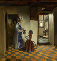 Rule 34 | 2girls, a woman with a child in a pantry, amibazh, animal ears, animal hat, blonde hair, brown hair, cat ears, chair, checkered floor, chen, commentary, dress, earrings, fine art parody, fox tail, green hat, hat, height difference, indoors, jewelry, long skirt, long sleeves, looking down, looking up, mob cap, multiple girls, multiple tails, open door, open window, painting (object), parody, red skirt, red vest, shirt, skirt, smile, tabard, tail, tile floor, tiles, touhou, two tails, vest, white dress, white shirt, window, yakumo ran, yakumo yukari