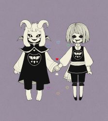 Rule 34 | 1boy, 1other, alternate costume, androgynous, asriel dreemurr, barefoot, black sclera, blood, blood from mouth, bloody tears, chara (undertale), colored sclera, eleanor (ohmyeleanor), emblem, fangs, full body, furry, furry male, holding hands, heart, heart necklace, horns, jewelry, long sleeves, looking at viewer, monster boy, necklace, no pupils, puffy long sleeves, puffy sleeves, purple background, robe, sash, shading eyes, shoes, simple background, spoilers, spot color, standing, undertale, white eyes