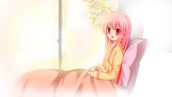 Rule 34 | 10s, 1girl, ahoge, angel beats!, bed, blush, fang, kakeru (arelgia), long hair, open mouth, pajamas, pillow, pink hair, red eyes, sitting, solo, under covers, yui (angel beats!)