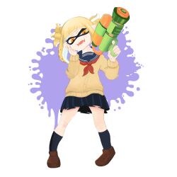Rule 34 | 1girl, black skirt, boku no hero academia, brown footwear, cosplay, domino mask, full body, gun, highres, holding, holding gun, holding weapon, inkling, inkling girl, inkling player character, inublanc, long sleeves, mask, neckerchief, nintendo, open mouth, orange eyes, red neckerchief, sailor collar, skirt, socks, solo, splatoon (series), tentacle hair, toga himiko, toga himiko (cosplay), weapon, white background