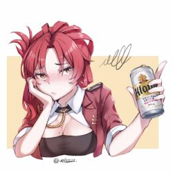 Rule 34 | 1girl, :&lt;, alcohol, beer, beer can, blush, breasts, can, cleavage, closed mouth, drink can, drunk, forehead, hand on own cheek, hand on own face, highres, holding, holding can, honkai (series), honkai impact 3rd, jacket, looking at viewer, medium breasts, mole, mole on breast, murata himeko, murata himeko (battle storm), red hair, red jacket, sleeves rolled up, solo, two-tone background, velcozz, white background, yellow background, yellow eyes