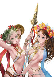 Rule 34 | 2girls, arm behind head, armlet, armpits, arms up, bare shoulders, blue eyes, bracelet, breasts, brown hair, cleavage, dios kuroi, earrings, green eyes, head wreath, hoop earrings, jewelry, large breasts, long hair, multiple girls, navel, o-ring, o-ring bottom, o-ring top, open mouth, polearm, ring, scarf, shield, short hair, sideboob, silver hair, simple background, smile, spear, takayama toshiaki, weapon
