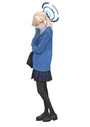 Rule 34 | 1girl, absurdres, bag, black footwear, black pantyhose, black skirt, blonde hair, blue archive, blue cardigan, blue eyes, blue hair, blue halo, braid, cardigan, closed mouth, commentary, full body, halo, highres, long hair, long sleeves, looking at viewer, multicolored hair, pantyhose, pleated skirt, school uniform, shoes, simple background, skirt, solo, streaked hair, tnr (horiko1525), toki (blue archive), white background