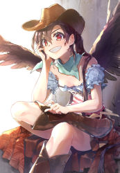 Rule 34 | 1girl, bandana, bare shoulders, black hair, black wings, blue shirt, blush, boots, breasts, brown footwear, brown hat, brown skirt, cleavage, commentary request, cowboy hat, feathered wings, feet out of frame, grin, hair between eyes, hand up, hat, head tilt, knee boots, kurokoma saki, long hair, looking at viewer, miniskirt, off-shoulder shirt, off shoulder, ponytail, puffy short sleeves, puffy sleeves, red eyes, shirt, short sleeves, sitting, skirt, small breasts, smile, solo, syuri22, touhou, wings