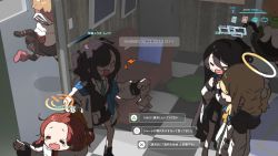 Rule 34 | 3d background, 6+girls, amonitto, aris (blue archive), black hair, black skirt, black suit, blank eyes, blonde hair, blue archive, blue necktie, closed eyes, dialogue box, fake tail, forehead, formal, hair between eyes, halo, highres, holding, holding paper, indoors, jacket, lightning bolt symbol, long sleeves, midori (blue archive), momoi (blue archive), multiple girls, necktie, paper, parted bangs, ponytail, red hair, running, skirt, suit, tail, tearing up, trinity student (blue archive), two-sided fabric, two-sided jacket, two side up, user interface, wavy mouth, white jacket, yuuka (blue archive), yuzu (blue archive)