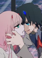 Rule 34 | 10s, 1boy, 1girl, absurdres, black hair, blue eyes, blue horns, commentary request, couple, crying, crying with eyes open, darling in the franxx, drooling, face-to-face, facing another, forehead-to-forehead, green eyes, hand on another&#039;s face, heads together, hetero, highres, hiro (darling in the franxx), horns, long hair, long sleeves, looking at another, military, military uniform, necktie, nightgown, nikumanman, oni horns, pink hair, red horns, red neckwear, saliva, saliva trail, short hair, tears, uniform, white nightgown, zero two (darling in the franxx)