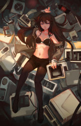 Rule 34 | 1girl, black bra, black pantyhose, blue eyes, bra, breasts, brown hair, computer, computer tower, crotch seam, highres, long hair, lying, makise kurisu, md5 mismatch, navel, no shirt, off shoulder, on back, panties, panties under pantyhose, pantyhose, shorts, small breasts, softmode, solo, steins;gate, underwear