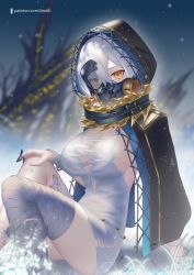 Rule 34 | 1girl, bandaged leg, bandages, black cloak, breasts, cleavage, cloak, code vein, commentary, dmith, dress, english commentary, flower, hair between eyes, hood, hood up, hooded cloak, io (code vein), large breasts, looking at viewer, mask, mouth mask, outdoors, patreon username, plant, short dress, short hair, sideboob, sitting, sleeveless, sleeveless dress, snow, snowing, solo, thighhighs, torn clothes, torn dress, white dress, white flower, white hair, yellow eyes