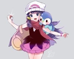 Rule 34 | 1girl, bag, beanie, blue eyes, blush, bracelet, commentary request, creatures (company), dawn (pokemon), duffel bag, floating hair, game freak, gen 4 pokemon, grey background, hair ornament, hairclip, hand up, hat, highres, holding, holding poke ball, jewelry, long hair, looking at viewer, meiwari, nintendo, open mouth, outstretched arm, piplup, poke ball, poke ball (basic), pokemon, pokemon (creature), pokemon dppt, pokemon on arm, scarf, simple background, smile, teeth, tongue, white headwear