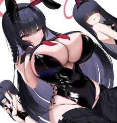 Rule 34 | 4girls, absurdres, animal ears, bare shoulders, black choker, black gloves, black hair, black leotard, black skirt, black wrist cuffs, blue archive, blunt bangs, breasts, choker, closed eyes, closed mouth, clothes pull, covered eyes, fake animal ears, gloves, hair over eyes, halo, highres, huge breasts, justice task force member (blue archive), leotard, long hair, multiple girls, nicorima, open mouth, playboy bunny, rabbit ears, simple background, skirt, skirt pull, solo focus, white background, wrist cuffs