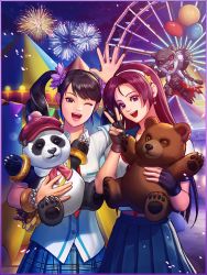Rule 34 | amusement park, armor king, asamiya athena, balloon, bracelet, cherry blossoms, chibi, circus tent, crossover, ferris wheel, fireworks, gloves, hat, highres, jewelry, kuma (tekken), lights, ling xiaoyu, looking at viewer, namco, night, night sky, official art, one eye closed, open mouth, panda (tekken), stuffed toy, psycho soldier, school uniform, skirt, sky, snk, tekken, the king of fighters, v, victory pose, wink
