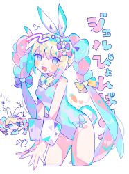 Rule 34 | 1girl, :d, @ @, animal ears, bare legs, bare shoulders, blonde hair, blue eyes, blush, bow, bowtie, breasts, chibi, chibi inset, chouzetsusaikawa tenshi-chan, cropped legs, detached collar, fake animal ears, fake tail, hair between eyes, highleg, highleg leotard, highres, leotard, long hair, looking at viewer, multiple views, nail polish, needy girl overdose, open mouth, own hands together, pink nails, playboy bunny, rabbit ears, rabbit tail, sidelocks, simple background, small breasts, smile, sushiuma m, tail, twintails, very long hair, white background, white leotard, white wrist cuffs, wrist cuffs, yellow bow, yellow bowtie