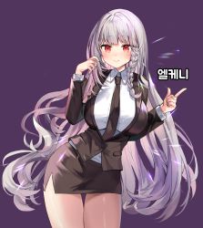 Rule 34 | 1girl, absurdres, black jacket, black skirt, blazer, braid, breasts, collared shirt, commission, cowboy shot, hands up, highres, huge filesize, hyoin, jacket, large breasts, long hair, long sleeves, looking at viewer, miniskirt, necktie, office lady, original, pencil skirt, purple background, red eyes, shirt, silver hair, skirt, smile, solo, thigh gap, thighs, very long hair, white shirt