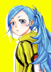 Rule 34 | 1girl, ai the somnium files, blue eyes, blue hair, blush, closed mouth, commentary, high collar, highres, long hair, looking at viewer, mu96nomubo, okiura mizuki, ponytail, solo, upper body, yellow background