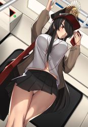 Rule 34 | 1girl, alternate costume, arm up, bag, black hair, black hat, black skirt, blush, breasts, brown jacket, buttons, cellphone, closed mouth, earphones, expressionless, fate (series), foreshortening, from below, hair over one eye, hat, highres, holding, holding phone, jacket, k jin, koha-ace, large breasts, long hair, long sleeves, looking at phone, navel, oda nobunaga (fate), oda nobunaga (koha-ace), open clothes, open jacket, panties, pantyshot, peaked cap, phone, pleated skirt, red eyes, shoulder bag, skirt, smartphone, solo, standing, thigh gap, thighs, train interior, tsurime, underwear, upskirt, very long hair, white panties