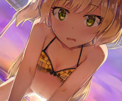 Rule 34 | 10s, 1girl, all fours, bare arms, bare shoulders, beach, beads, bikini, blonde hair, blush, bow, bow bikini, breasts, cleavage, close-up, eyebrows, fang, green eyes, hair beads, hair ornament, halterneck, highres, idolmaster, idolmaster cinderella girls, jougasaki rika, looking at viewer, navel, ocean, open mouth, outdoors, plaid, plaid bikini, seneto, sky, small breasts, solo, stomach, sweat, swimsuit, two side up, wavy mouth, yellow bikini