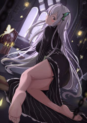 Rule 34 | 1girl, bare legs, barefoot, black capelet, black dress, bug, butterfly, butterfly hair ornament, capelet, colored eyelashes, dress, echidna (re:zero), feet, frilled dress, frills, glowing butterfly, green butterfly, hair between eyes, hair ornament, highres, insect, long hair, long sleeves, looking at viewer, looking back, nev (nevblindarts), re:zero kara hajimeru isekai seikatsu, silver hair, soles, striped clothes, striped dress, toes, vertical-striped clothes, vertical-striped dress, very long hair