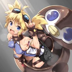 Rule 34 | 10s, 1girl, ahoge, bare shoulders, belt, black gloves, blonde hair, blue eyes, blush, covered navel, fang, fingerless gloves, from above, gloves, goggles, goggles on head, gradient background, granblue fantasy, looking up, open mouth, pengie, shinozuka atsuto, short hair, short twintails, shorts, smile, solo, striped, striped background, sweat, twintails