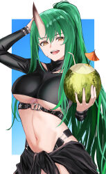 Rule 34 | 1girl, absurdres, alternate costume, arknights, arm up, belt, black belt, black shirt, blue background, border, breasts, coconut cup, commentary request, cropped shirt, food, fruit, green hair, highres, holding, holding food, holding fruit, horns, hoshiguma (arknights), large breasts, long hair, looking at viewer, navel, open mouth, ponytail, puranetto (vjun4748), shirt, single horn, skin-covered horns, smile, solo, stomach, teeth, underboob, underbust, upper body, upper teeth only, white border, yellow eyes