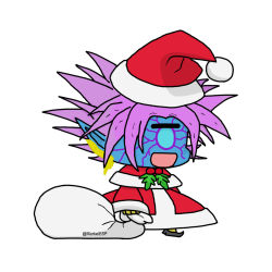 Rule 34 | 1boy, :d, alien, blue eyes, blue skin, blush, chibi, christmas, colored skin, cyclops, dress, earrings, gauntlets, gift bag, hat, highres, holding, holding sack, jewelry, long hair, lord boros, meme, no pupils, one-eyed, one-punch man, open mouth, padoru (meme), pink hair, pointy ears, sack, santa costume, santa hat, simple background, smile, solo, spiked hair, white background