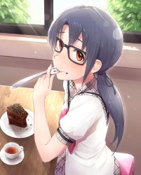 Rule 34 | 1girl, black hair, blondy (ldlong), blush, cake, food, food on face, glasses, highres, idolmaster, idolmaster million live!, long hair, looking up, low twintails, red eyes, school uniform, smile, solo, takayama sayoko, twintails, utensil in mouth, window