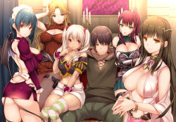 Rule 34 | 1boy, 5girls, ass, bare shoulders, black hair, blonde hair, blue eyes, blue hair, bracelet, breasts, brown eyes, brown hair, cleavage, cleavage cutout, clothing cutout, couch, crop top, demon girl, demon tail, demon wings, dress, finger to mouth, green eyes, harem, harem outfit, highres, holster, isekai de miryou cheat wo tsukatte dorei harem wo tsukuttemita, jewelry, large breasts, long hair, maid, meme attire, midriff, miniskirt, monety, multiple girls, navel, no bra, off shoulder, official art, open-chest sweater, original, pants, pantyhose, pink eyes, ponytail, purple dress, red eyes, red hair, scrunchie, shirt, short dress, silver hair, sitting, skirt, smile, striped clothes, striped legwear, striped thighhighs, sweater, tail, thigh holster, thighhighs, twintails, very long hair, wings, yellow eyes, zettai ryouiki