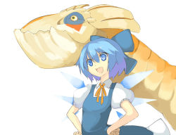 Rule 34 | 1girl, :d, blue hair, bow, capcom, cirno, hair bow, hand on own hip, hands on own hips, hip focus, mazonano, monster hunter (series), nekomegane, open mouth, ribbon, short hair, simple background, smile, solo, touhou, wings, yian kut-ku