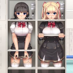 Rule 34 | 2girls, assisted exposure, bdsm, black hair, blonde hair, blue eyes, blush, bondage, bottle, bound, bound wrists, bow, breasts, cuffs, eto, garter straps, hair ribbon, handcuffs, highres, in container, in locker, large breasts, locker, long hair, looking at viewer, medium breasts, multiple girls, original, panties, pantyshot, restrained, ribbon, school uniform, skirt, standing, stationary restraints, thighhighs, twintails, two side up, underwear, white legwear, white panties