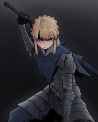 Rule 34 | 1girl, armor, artoria pendragon (all), artoria pendragon (fate), artorias the abysswalker, artorias the abysswalker (cosplay), blonde hair, blue eyes, braid, braided bun, cosplay, crossover, dark souls (series), dark souls i, fate (series), hair bun, highres, holding, holding sword, holding weapon, knight, looking at viewer, name connection, saber (fate), sidelocks, sword, weapon, wiltedattention