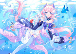 Rule 34 | 1girl, blue bow, blue hair, bow, breasts, brooch, bubble, cleavage, clothing cutout, colored tips, detached collar, detached sleeves, feet out of frame, frilled sleeves, frills, genshin impact, gradient hair, jellyfish, jewelry, leotard, long hair, looking at viewer, medium breasts, multicolored hair, navel cutout, parted lips, pink hair, platform footwear, purple eyes, sangonomiya kokomi, signature, solo, sparkle, sunlight, thighhighs, underwater, very long hair, vision (genshin impact), white leotard, white thighhighs, yutukicom