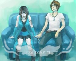 Rule 34 | 1990s (style), 1boy, 1girl, arm warmers, bike shorts, boots, brown hair, copyright name, couch, closed eyes, final fantasy, final fantasy viii, habbitrot, holding hands, hetero, streaked hair, jewelry, multicolored hair, necklace, rinoa heartilly, scar, sitting, squall leonhart