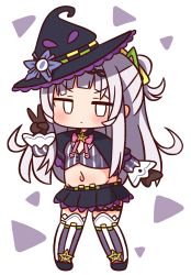 Rule 34 | 1girl, black capelet, black footwear, black gloves, black hat, black skirt, blank eyes, blush, bow, capelet, chibi, closed mouth, crop top, full body, gloves, grey hair, hair bun, hana kazari, hand up, hat, highres, hololive, long hair, long sleeves, looking at viewer, midriff, murasaki shion, murasaki shion (1st costume), navel, pink bow, pleated skirt, shirt, shoes, single hair bun, skirt, sleeves past wrists, solo, standing, striped clothes, striped shirt, striped thighhighs, thighhighs, tilted headwear, v, v-shaped eyebrows, vertical-striped clothes, vertical-striped shirt, vertical-striped thighhighs, very long hair, virtual youtuber, witch hat