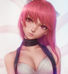 Rule 34 | 1girl, bag, bra, breasts, character check, closed mouth, elfen lied, hair over eyes, head tilt, highres, horns, large breasts, lips, long hair, lucy (elfen lied), miura-n315, monster girl, nose, pink eyes, pink hair, pink lips, simple background, solo, underwear, underwear only, upper body, white background, white bra