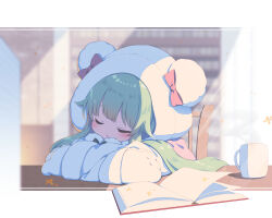 Rule 34 | 1girl, absurdres, animal hands, blue archive, blush, book, bookshelf, bow, chair, closed eyes, coat, commentary request, cup, drooling, facing viewer, gloves, green hair, highres, hood, hood up, hooded coat, long hair, long sleeves, momiji (blue archive), mug, open book, parted lips, paw gloves, red bow, sasakura momiji, sleeping, solo, table, white coat, white gloves