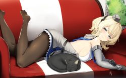 Rule 34 | 1girl, bare shoulders, black gloves, blonde hair, blue eyes, blue necktie, blush, braid, breasts, brown pantyhose, capelet, cat, colorado (kancolle), dress, elbow gloves, feet up, garrison cap, gloves, grey dress, grey hat, hat, headgear, indoors, kantai collection, large breasts, looking at viewer, lounge, lying, meth (emethmeth), necktie, no shoes, on stomach, pantyhose, plant, pleated dress, potted plant, shirt, short hair, side braids, sideboob, sidelocks, signature, sleeveless, smile, solo, white shirt