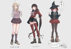 Rule 34 | 3girls, :d, :o, akamatsu kaede, backpack, bag, black headwear, black jacket, black sailor collar, blush stickers, bow, bowtie, breasts, brown footwear, brown hair, brown pantyhose, brown vest, clenched hands, danganronpa (series), danganronpa v3: killing harmony, frown, full body, gem hair ornament, grey background, grey shirt, hair ornament, hair scrunchie, hands on own hips, hands up, harukawa maki, hat, jacket, kneehighs, large breasts, long hair, long sleeves, medium breasts, miniskirt, multiple girls, necktie, notice lines, oma kokichi, open clothes, open jacket, open mouth, orange necktie, pantyhose, plaid, plaid skirt, pleated skirt, red eyes, red hair, red scrunchie, red shirt, red thighhighs, sailor collar, scrunchie, shirt, simple background, skirt, smile, socks, speech bubble, standing, teeth, thighhighs, translation request, twintails, two-tone shirt, upper teeth only, vest, white bow, white bowtie, witch hat, yoshie (komaneko0007), yumeno himiko, zettai ryouiki