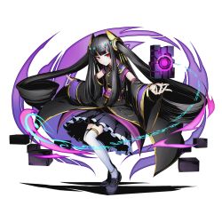 Rule 34 | 10s, 1girl, absurdly long hair, black hair, black skirt, detached sleeves, divine gate, full body, hair ornament, long hair, looking at viewer, naruru (divine gate), official art, outstretched arms, red eyes, shadow, skirt, solo, thighhighs, transparent background, twintails, ucmm, very long hair, white thighhighs