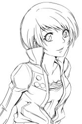 Rule 34 | 1girl, atlus, collarbone, greyscale, jacket, looking at viewer, monochrome, open clothes, open shirt, persona, persona 4, satonaka chie, shirt, short hair, smile, solo, suta furachina, track jacket, upper body