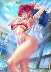 Rule 34 | absurdres, alternate hairstyle, armpits, blush, breasts, contrapposto, double bun, hair bun, heterochromia, highres, hololive, houshou marine, jagoo, large breasts, long hair, looking at viewer, navel, open mouth, outdoors, red eyes, red hair, swimsuit, thick thighs, thighs, tongue, tongue out, virtual youtuber, wet, yellow eyes