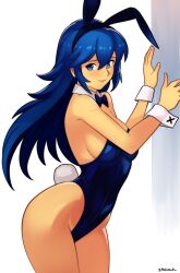 Rule 34 | 1girl, alternate costume, animal ears, bare shoulders, blue bow, blue eyes, blue hair, blue leotard, bow, bow choker, brand of the exalt, breasts, closed mouth, commentary, english commentary, fake animal ears, fake tail, fire emblem, fire emblem awakening, from side, hair between eyes, hand on wall, highres, leotard, long hair, looking at viewer, lucina (fire emblem), medium breasts, nintendo, playboy bunny, rabbit ears, rabbit tail, sideboob, smgold, smile, solo, strapless, strapless leotard, symbol in eye, tail, thong leotard, wrist cuffs
