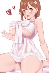 Rule 34 | 1girl, absurdres, atelier (series), atelier ryza, babydoll, bare shoulders, blush, braid, breasts, brown eyes, brown hair, cleavage, collarbone, commentary, hair ornament, highres, jilu, large breasts, looking at viewer, open mouth, reisalin stout, short hair, side braid, sitting, smile, solo, symbol-only commentary, thighs, underboob, wariza, white background
