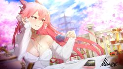 Rule 34 | 1girl, absurdres, artist name, breasts, cherry blossoms, choker, cloud, cloud9, cloudy sky, commentary, cup, cupcake, day, dragon girl, dragon horns, dress, earbuds, earphones, earrings, english commentary, food, hair between eyes, hair ornament, hairclip, heart, highres, holding, holding cup, horns, jewelry, long hair, long sleeves, momote, necklace, outdoors, parted lips, phone, pink hair, plate, red eyes, signature, sky, smile, solo, teeth, transmission tower, tree, vienna (vtuber), vienna (vtuber) (2nd costume), virtual youtuber, watermark