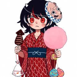 Rule 34 | arrow (symbol), bag, bagged fish, black hair, blush stickers, bracelet, commentary, cone horns, cotton candy, cowboy shot, fish, food, glowstick, goldfish, holding, holding food, horns, hyottoko mask, ikayaki, japanese clothes, jewelry, kijin seija, kimono, looking at viewer, mask, mask on head, multicolored hair, print kimono, red eyes, red hair, red kimono, simple background, streaked hair, summer festival, touhou, water balloon, water yoyo, white background, white hair, wide sleeves, you taira, yukata