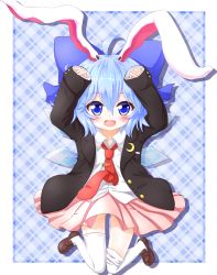 Rule 34 | 1girl, animal ears, blue eyes, blue hair, blush, bow, cirno, cosplay, fang, hair bow, highres, ice, ice wings, jacket, matching hair/eyes, mofu mofu, necktie, open mouth, rabbit ears, red necktie, reisen udongein inaba, reisen udongein inaba (cosplay), shoes, short hair, skirt, sleeves past wrists, solo, thighhighs, touhou, wings