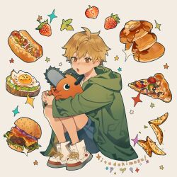 Rule 34 | 1boy, :d, :o, aged down, ahoge, blonde hair, blue shorts, blush, boots, bread, bread slice, brown eyes, burger, butter, chainsaw man, commentary, denji (chainsaw man), egg (food), english commentary, fangs, food, fried egg, fried egg on toast, fruit, green jacket, hair between eyes, highres, hood, hood down, hooded jacket, hot dog, jacket, leaf, lettuce, long sleeves, looking at viewer, male focus, misu 025, onion, open clothes, open jacket, open mouth, pancake, pizza, pizza slice, pochita (chainsaw man), potato wedges, shirt, short hair, shorts, simple background, smile, star (symbol), strawberry, syrup, toast, tomato, tomato slice, white background, white footwear, white shirt