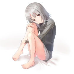 Rule 34 | 1girl, bare legs, blush, brave witches, brown eyes, edytha rossmann, full body, grey hair, highres, hugging own legs, long sleeves, mejina, military, military uniform, short hair, sitting, solo, thighs, uniform, world witches series