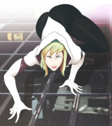 Rule 34 | all fours, ass, blonde hair, blue eyes, blurry, blurry background, bodysuit, building, crawling, eyelashes, fading, gwen stacy, headband, highres, hood, huge ass, lips, lipstick, looking at viewer, looking up, makeup, marvel, medium hair, nappii (nappy happy), shiny skin, smirk, spider-gwen, spider web print, straight hair, superhero costume, swept bangs, thick thighs, thighs, toned, window