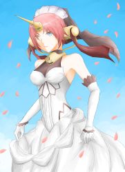 Rule 34 | 1girl, absurdres, bare shoulders, blue eyes, breasts, cleavage, dress, elbow gloves, fate/apocrypha, fate/grand order, fate (series), frankenstein&#039;s monster (fate), from below, gloves, hair over one eye, headgear, heterochromia, highres, horns, mechanical horns, medium breasts, petals, pink hair, see-through, see-through cleavage, single horn, solo, tsukimizake, white dress, white gloves, yellow eyes